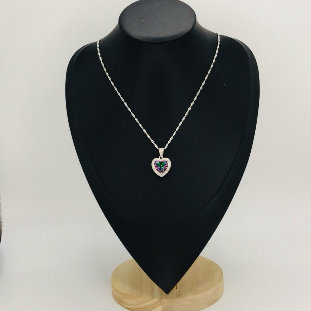 💙💚 2.3 CT Mystic Topaz Heart Halo Necklace 925 Sterling Silver 18”